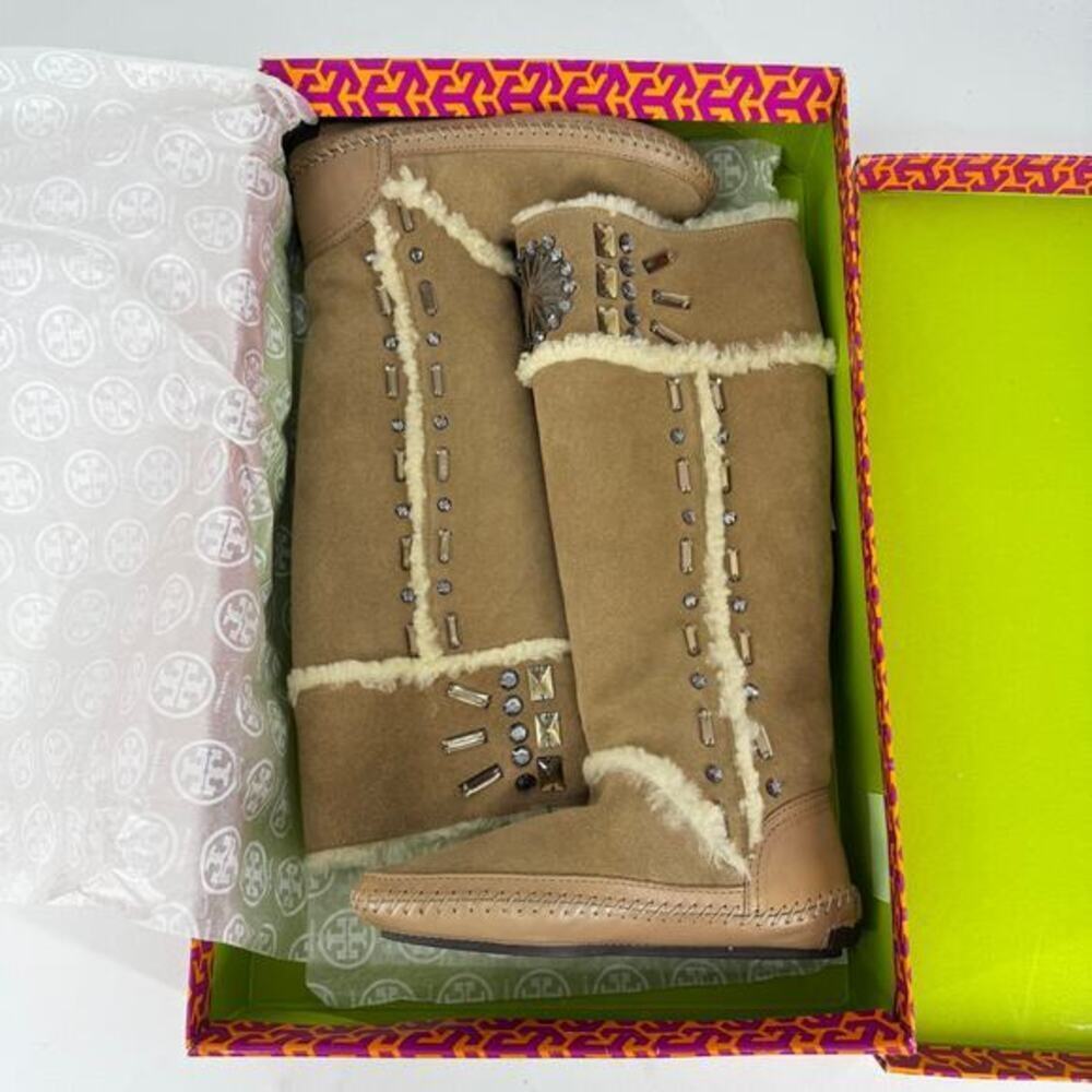 Tory Burch Knee High Shearling Camel Embellished Boot